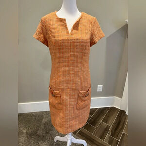 Adrienne Papell midi orange tweed shift dress 8 pocket turn-lock gold detail
